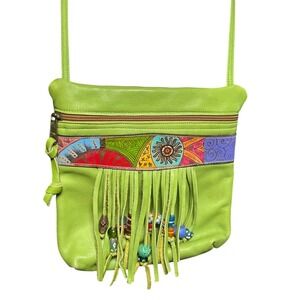 Y2K VTG Lime Green Leather Hand Painted Fringe Beaded Crossbody Bag Boho Hippie
